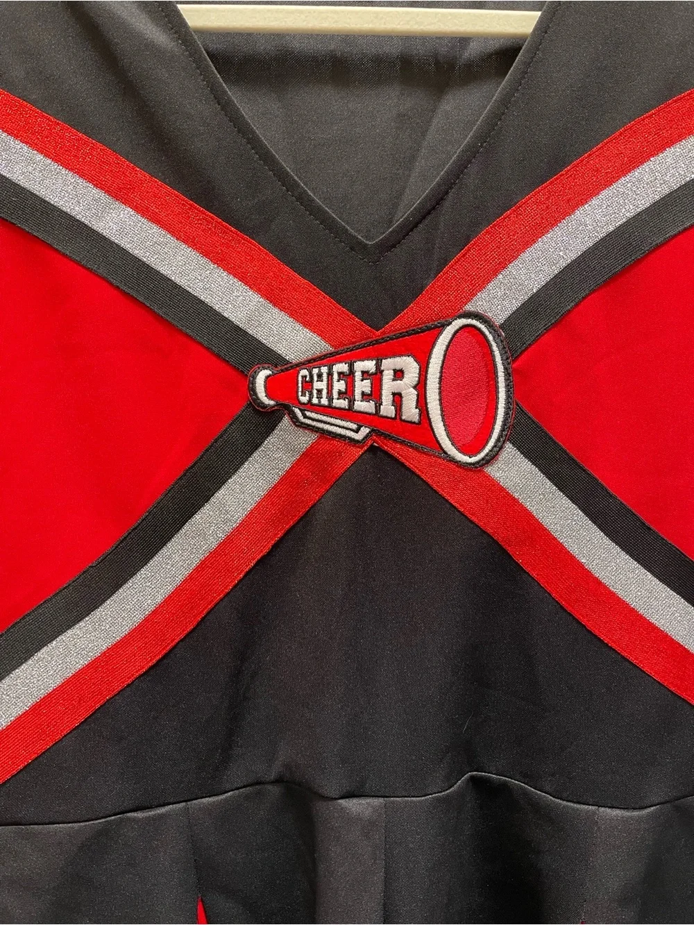 Spirit Halloween Cheerleader Costume Dress Red Black Silver CHEER Megaphone Y2K